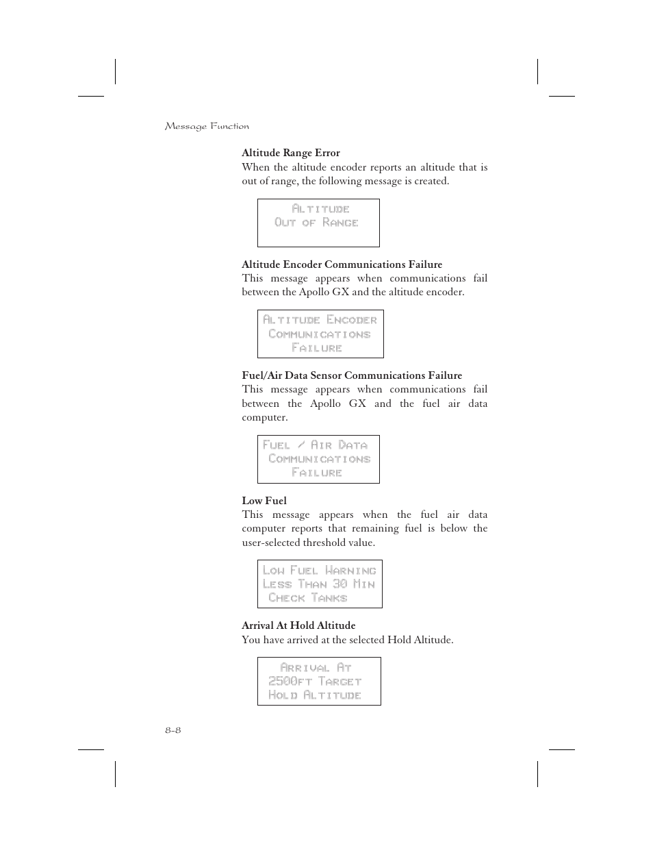 Altitude encoder 8-8, Low fuel 8-8 | Garmin APOLLO GX65 User Manual | Page 184 / 336