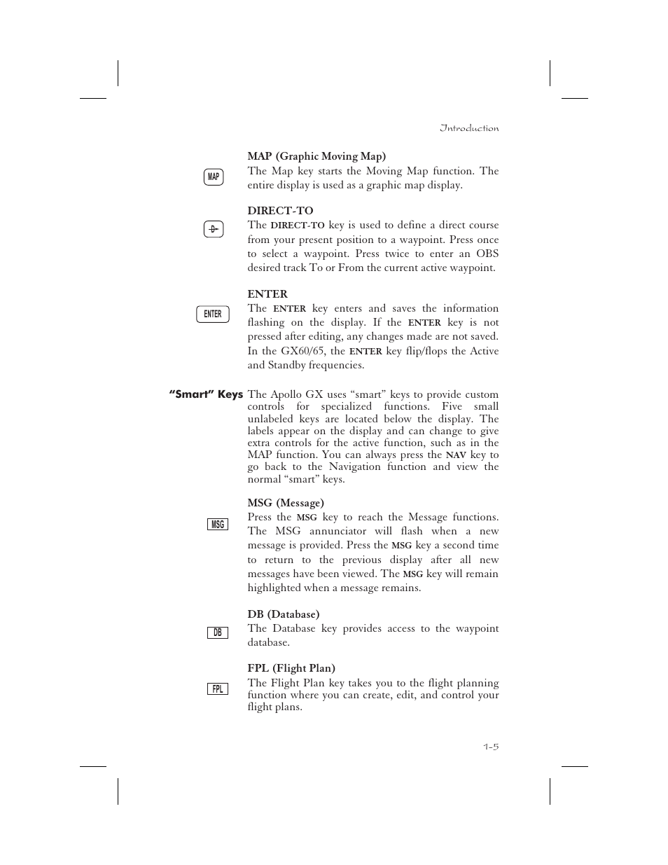 FIsmartﬂ keys 1-5, Database 1-5, Direct-to 1-5 | Flight plan 1-5, Map 1-5, Message 1-5, Smart 1-5, Smart” keys -5 | Garmin APOLLO GX65 User Manual | Page 19 / 336