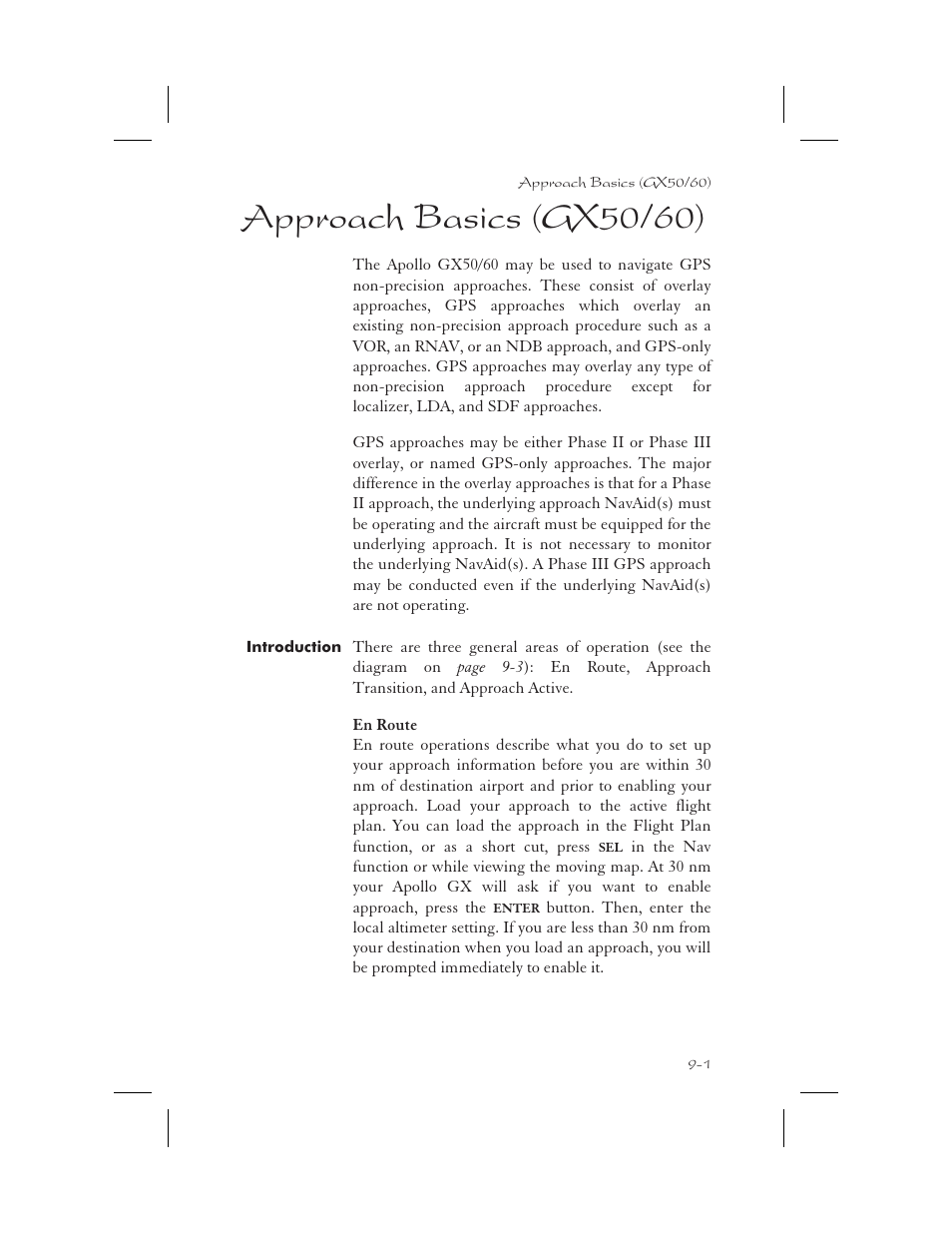 Approach basics (gx50/60) 9-1, Introduction 9-1, En route 9-1 | Basics 9-1 - 9-36, Enroute 9-1, 9-5, Approach basics (gx50/60) -1, Introduction -1, En route -1, Approach basics (gx50/60) | Garmin APOLLO GX65 User Manual | Page 191 / 336