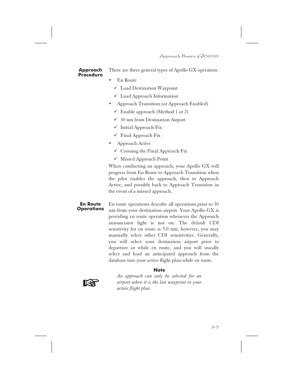 Approach procedure 9-5, En route operations 9-5, Procedure 9-5 | Approach procedure -5, En route operations -5 | Garmin APOLLO GX65 User Manual | Page 195 / 336