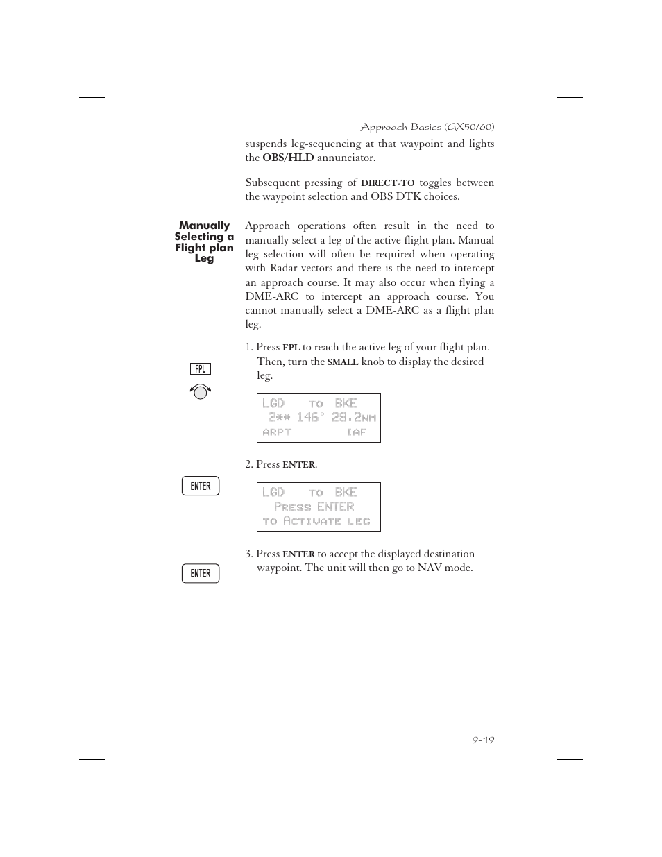 Manually selecting a flight plan leg 9-19, Manual leg select 9-19, Manually selecting a flight plan leg -19 | Garmin APOLLO GX65 User Manual | Page 209 / 336