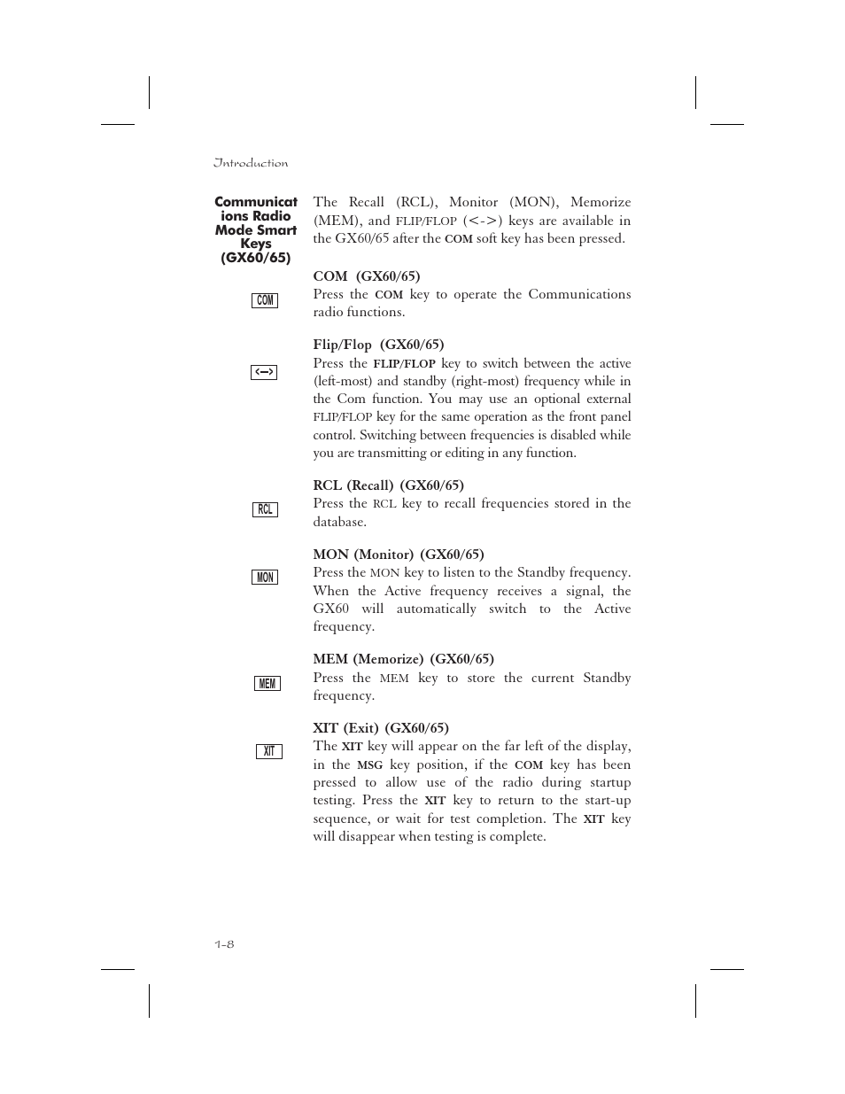 Communications radio mode smart keys (gx60/65) 1-8, Key 1-8, Flip/flop key 1-8 | Xit 1-8, Xit key 1-8, Communications radio mode smart keys (gx60/65) -8 | Garmin APOLLO GX65 User Manual | Page 22 / 336