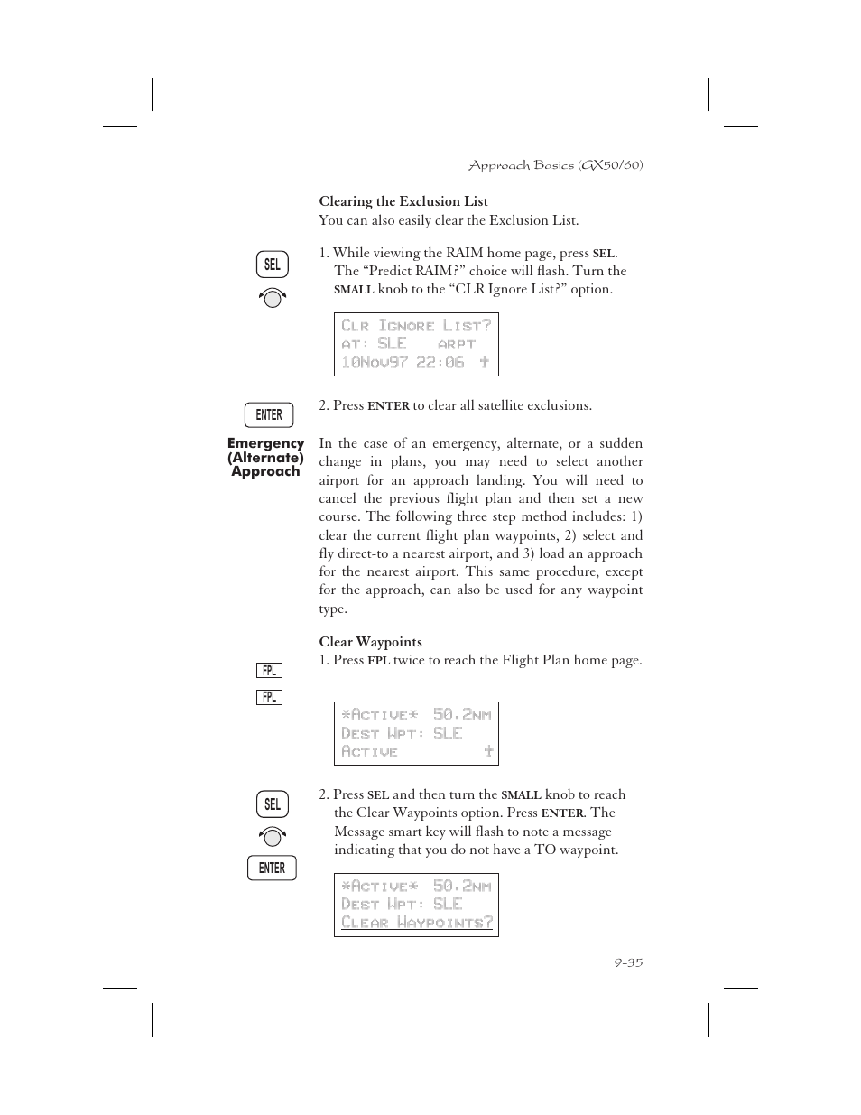 Emergency (alternate) approach 9-35, Clear waypoints 9-35, Alternate approach 9-35 | Emergency 9-35, Clear exclusion list 9-35, Emergency approach 9-35, Emergency (alternate) approach -35, Clear waypoints -35 | Garmin APOLLO GX65 User Manual | Page 225 / 336