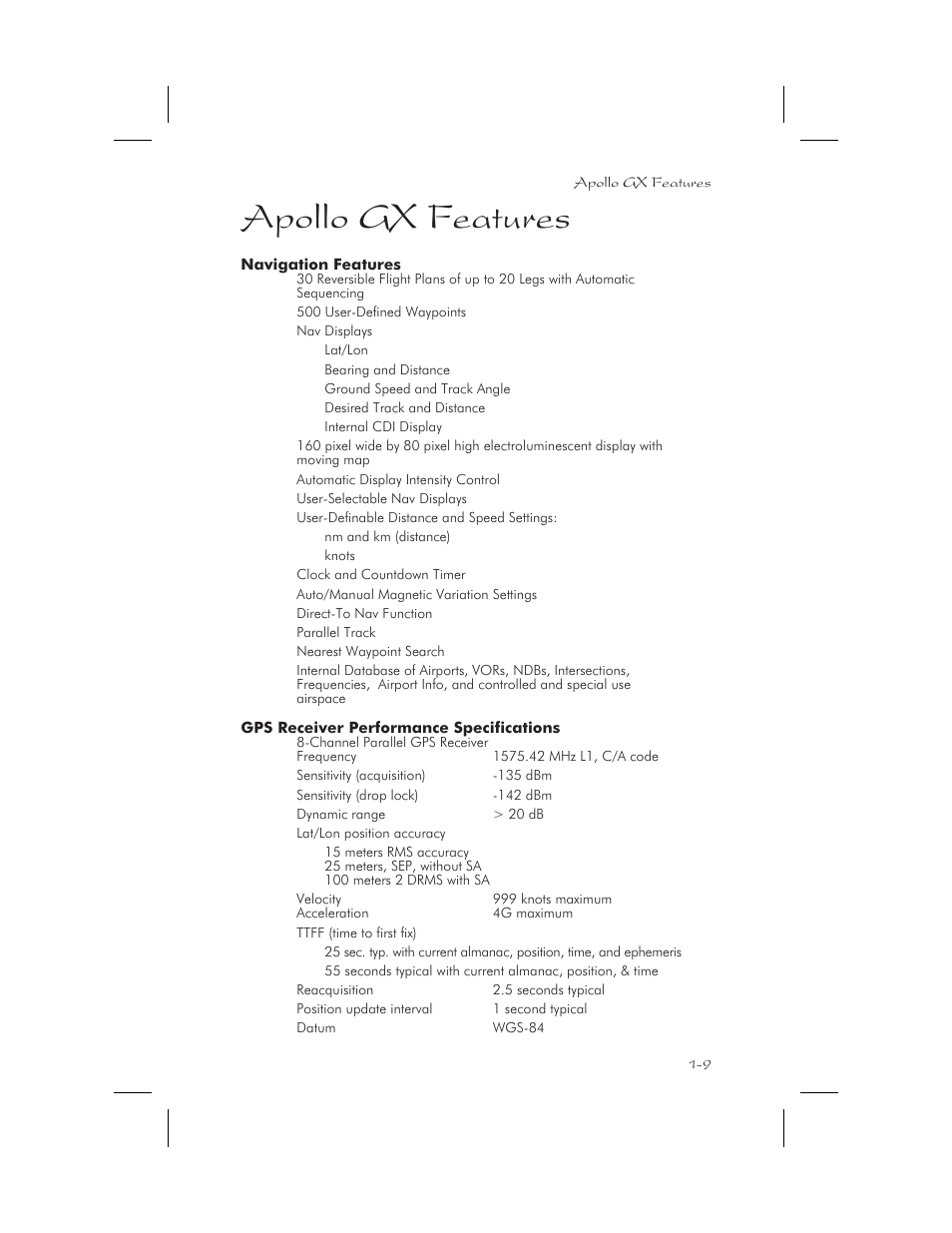 Apollo gx features 1-9, Features 1-9, Specifications 1-9 - 1-12 | Apollo gx features -9, Apollo gx features | Garmin APOLLO GX65 User Manual | Page 23 / 336