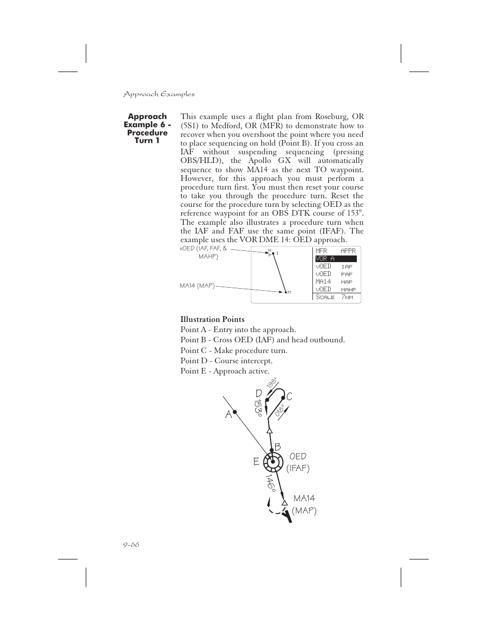 Approach example 6 - procedure turn 1 9-66, Procedure turns 9-66, 9-68, Approach example 6 - procedure turn 1 -66 | Ab c d e | Garmin APOLLO GX65 User Manual | Page 256 / 336