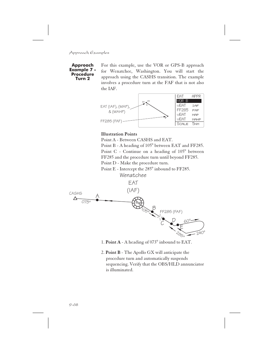 Approach example 7 - procedure turn 2 9-68, Approach example 7 - procedure turn 2 -68, Wenatchee eat (iaf) | Ab c d e | Garmin APOLLO GX65 User Manual | Page 258 / 336