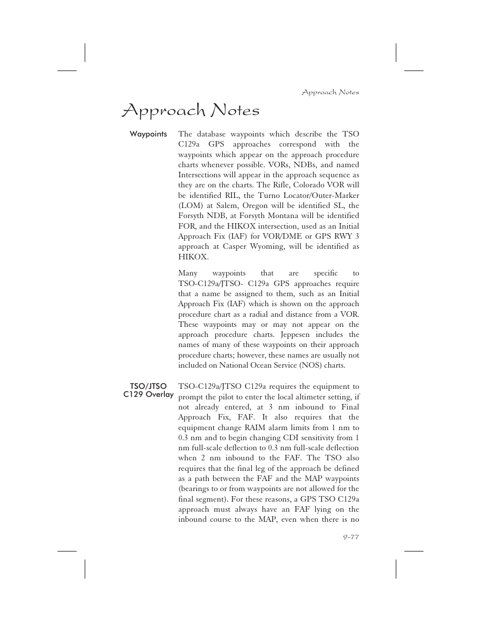 Approach notes 9-77, Notes 9-77 - 9-90, Waypoints 9-77 | Tso c129 overlay 9-77, Approach 9-77, Approach notes -77 | Garmin APOLLO GX65 User Manual | Page 267 / 336