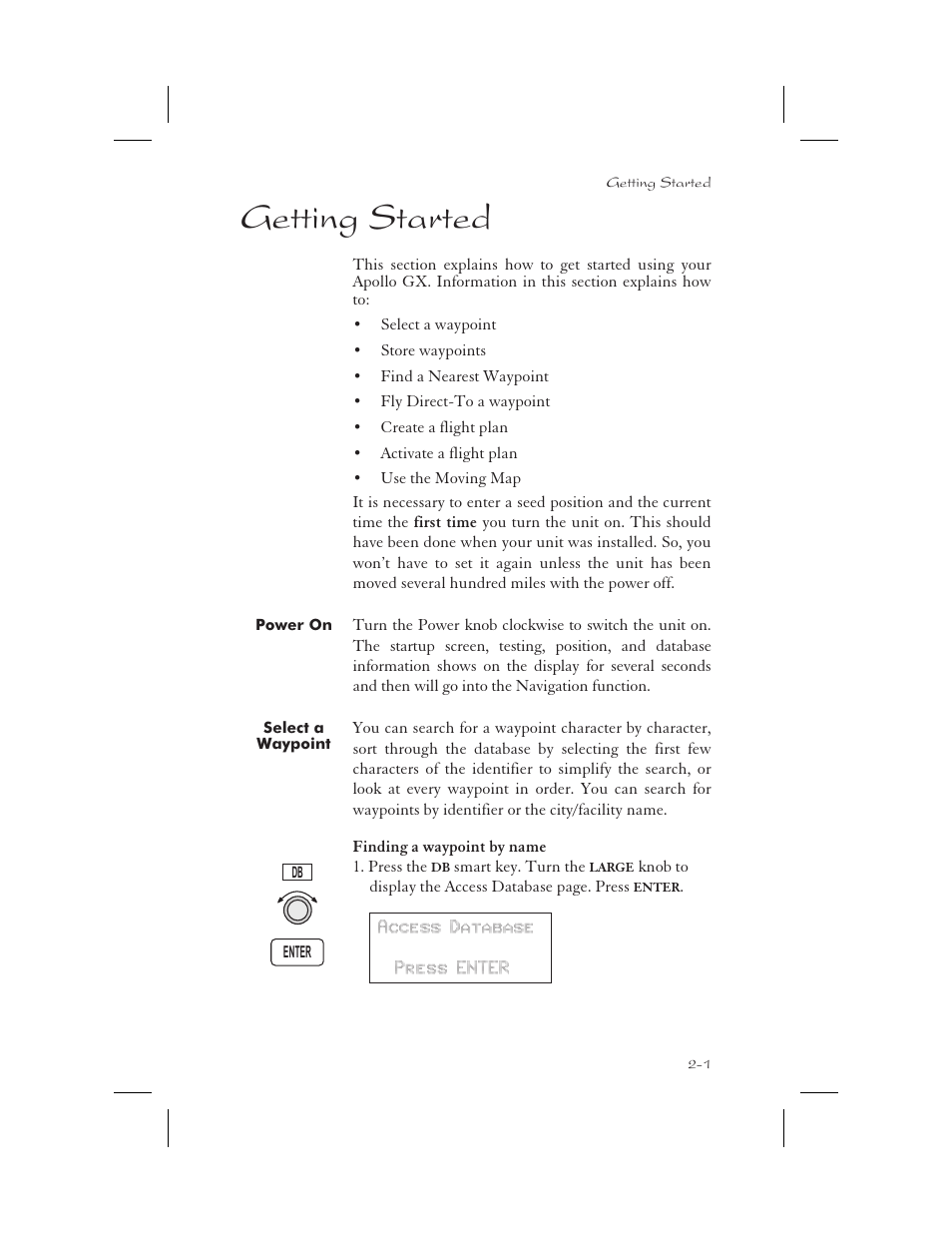 Getting started 2-1, Power on 2-1, Select a waypoint 2-1 | Finding a waypoint by name 2-1, Current time 2-1, Find waypoint 2-1, 2-6, Power up 2-1, Select a waypoint 2-1, 2-3, Selection 2-1, Getting started -1 | Garmin APOLLO GX65 User Manual | Page 27 / 336