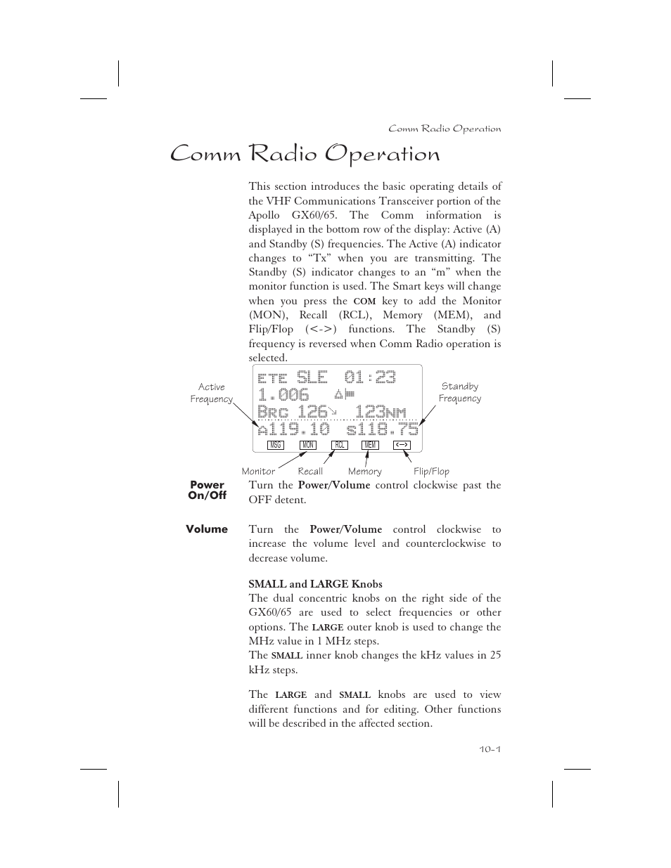 Comm radio operation 10-1, Power on/off 10-1, Volume 10-1 | Comm radio 10-1 - 10-12, Comm radio operation -1, Power on/off -1, Volume -1, Comm radio operation | Garmin APOLLO GX65 User Manual | Page 281 / 336