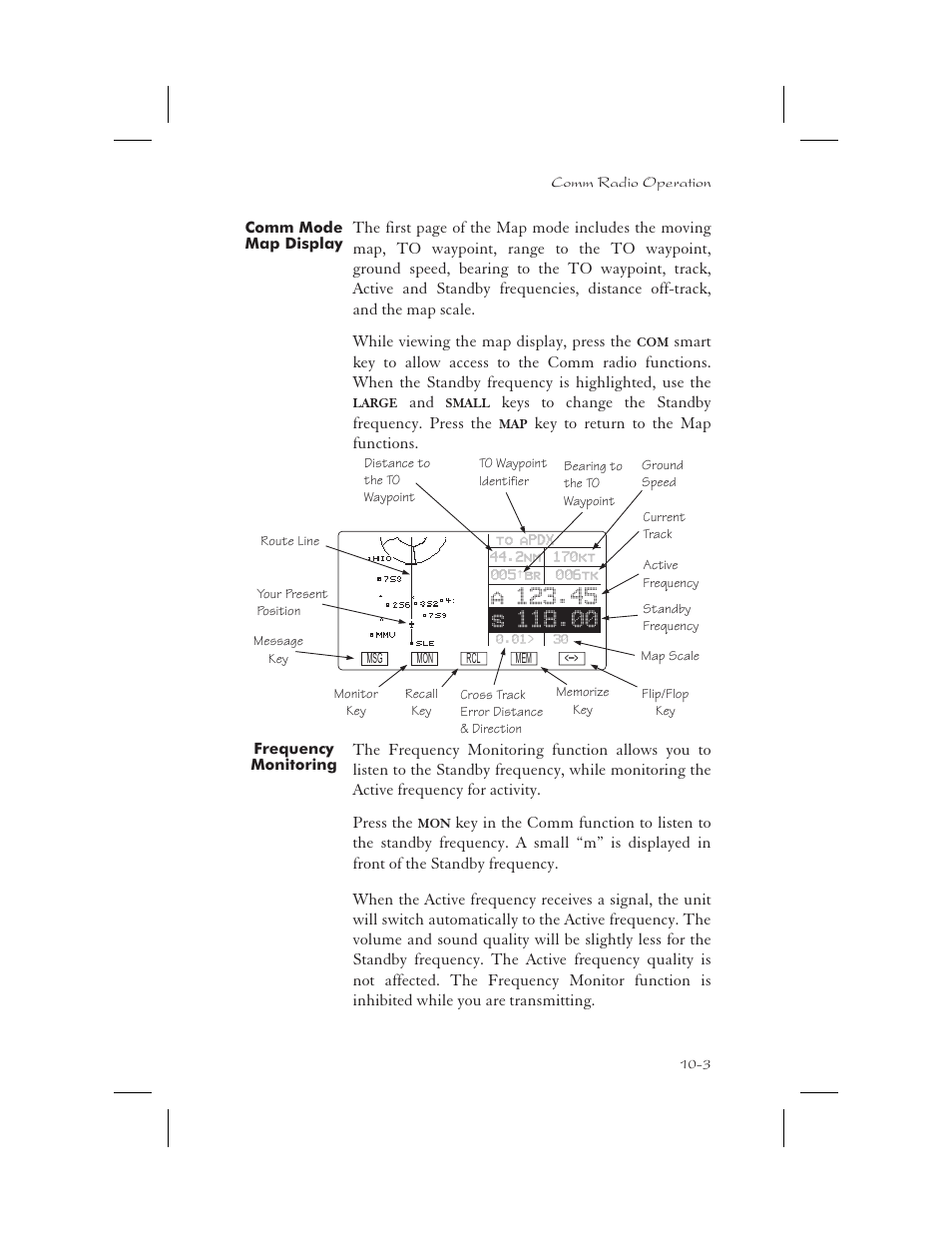 Comm mode map display 10-3, Frequency monitoring 10-3, Monitoring frequencies 10-3 | Monitor frequency 10-3, Comm mode map display -3, Frequency monitoring -3 | Garmin APOLLO GX65 User Manual | Page 283 / 336