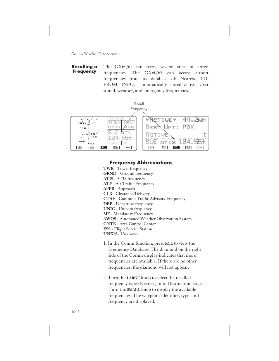 Recalling a frequency 10-4, Abbreviations 10-4, Frequency abbreviations 10-4 | Recalling frequencies 10-4, Recall frequency 10-4, Recalling a frequency -4 | Garmin APOLLO GX65 User Manual | Page 284 / 336