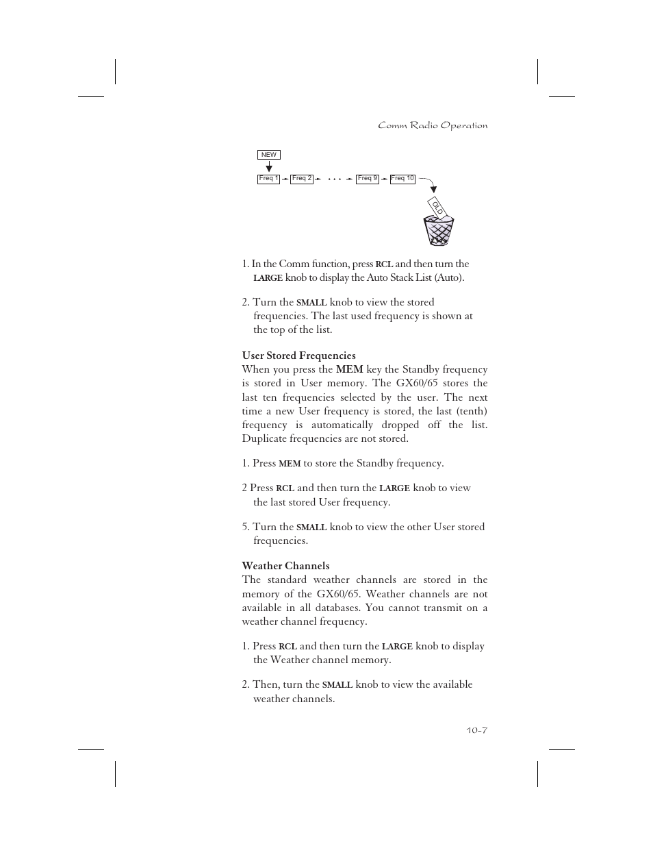 User stored frequencies 10-7, Weather channels 10-7, User frequencies 10-7 | Weather channel 10-7, User frequency 10-7, User stored frequencies -7, Weather channels -7 | Garmin APOLLO GX65 User Manual | Page 287 / 336