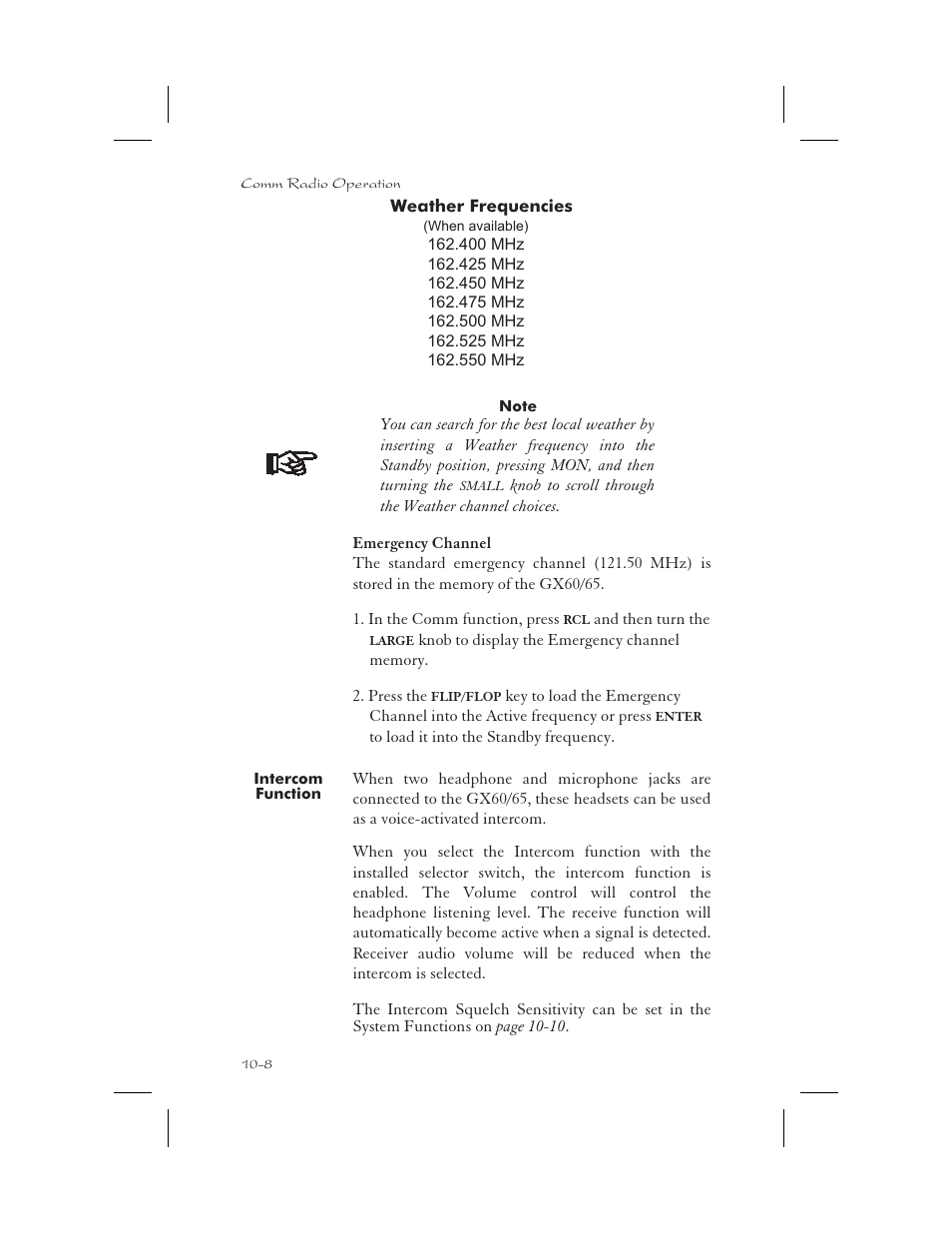 Emergency channel 10-8, Intercom function 10-8, Intercom 10-8 | Squelch 10-8, Emergency channel -8, Intercom function -8 | Garmin APOLLO GX65 User Manual | Page 288 / 336