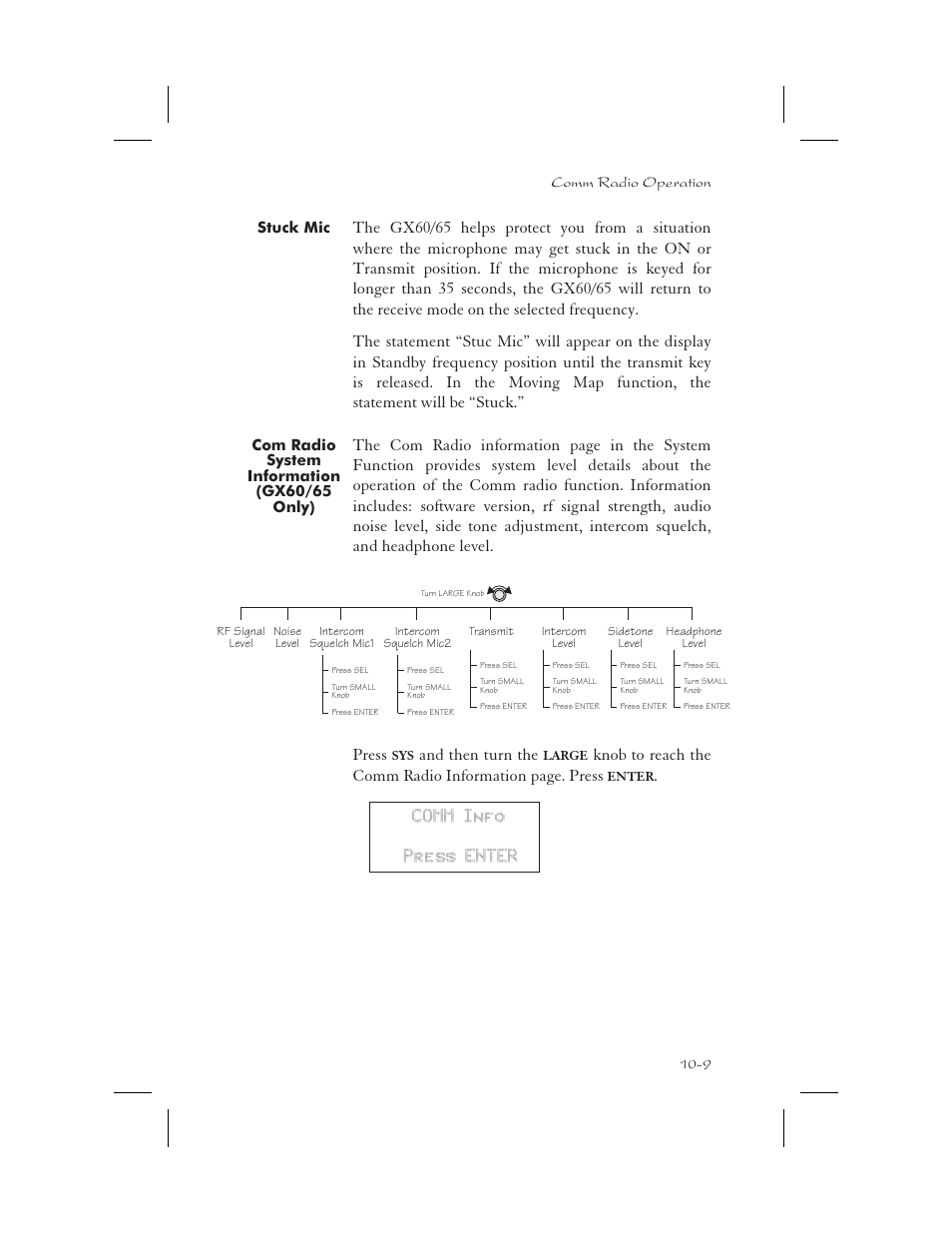 Stuck mic 10-9, Com radio system information (gx60/65 only) 10-9, Info 10-9 | Stuc mic 10-9, Microphone 10-9, Stuck microphone 10-9, Stuck mic -9, Com radio system information (gx60/65 only) -9, And then turn the, Comm info press enter | Garmin APOLLO GX65 User Manual | Page 289 / 336