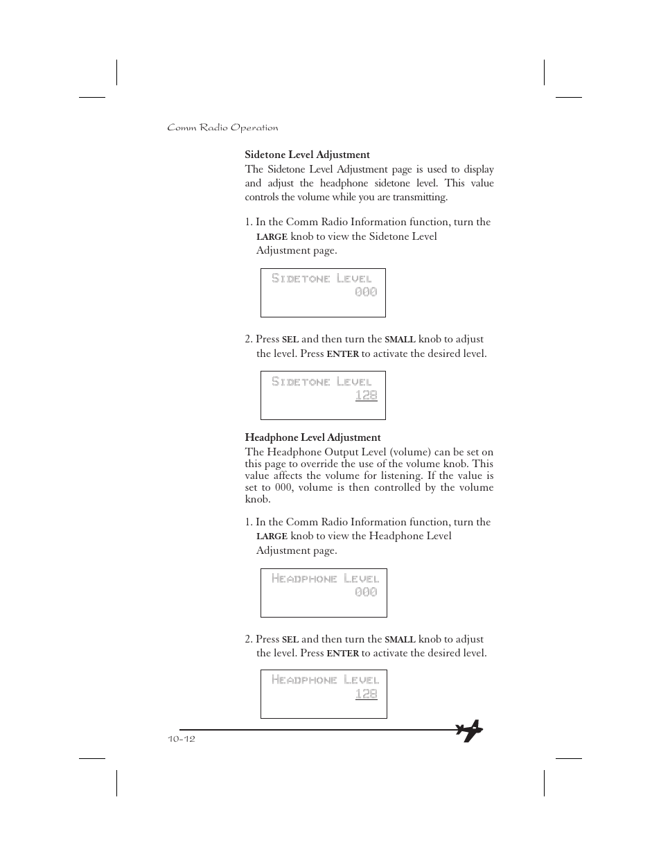 Sidetone level adjustment 10-12, Headphone level adjustment 10-12, Headphone level 10-12 | Sidetone level 10-12, Sidetone level adjustment -12, Headphone level adjustment -12 | Garmin APOLLO GX65 User Manual | Page 292 / 336