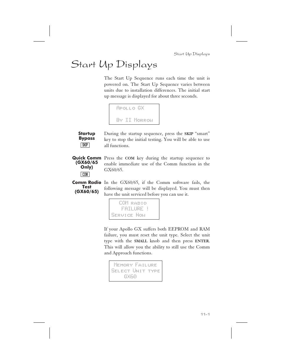 Start up displays 11-1, Startup bypass 11-1, Quick comm (gx60/65 only) 11-1 | Comm radio test (gx60/65) 11-1, Test 11-1, Start up displays 11-1 - 11-12, Start up displays -1, Startup bypass -1, Quick comm (gx60/65 only) -1, Comm radio test (gx60/65) -1 | Garmin APOLLO GX65 User Manual | Page 293 / 336