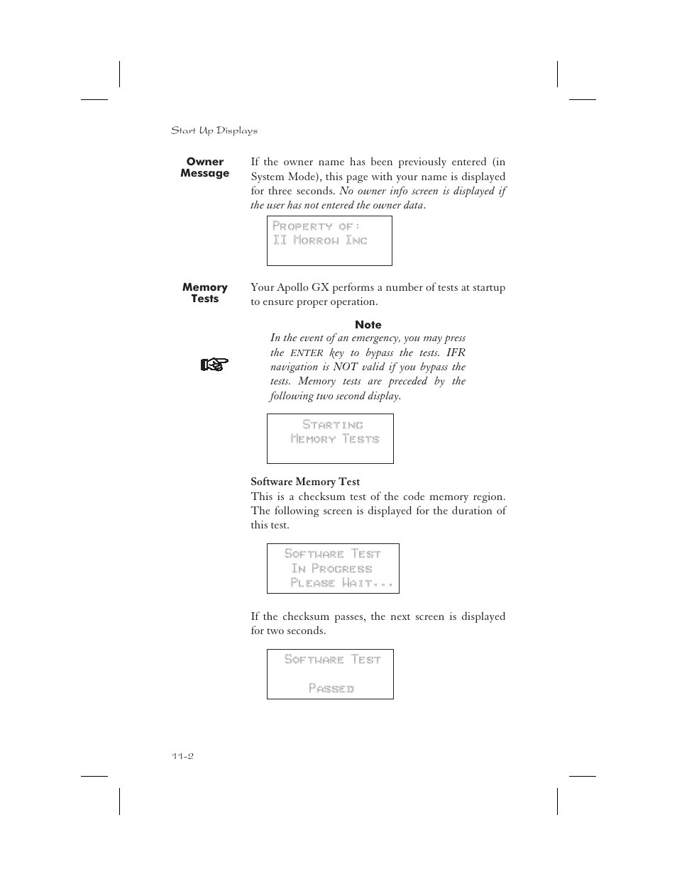 Owner message 11-2, Memory tests 11-2, Memory test 11-2, 11-4 | Software memory test 11-2, Owner message -2, Memory tests -2 | Garmin APOLLO GX65 User Manual | Page 294 / 336