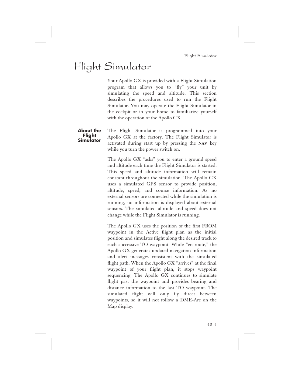 Flight simulator 12-1, About the flight simulator 12-1, Flight simulator 12-1 - 12-4 | Flight simulator -1, About the flight simulator -1, Flight simulator | Garmin APOLLO GX65 User Manual | Page 305 / 336