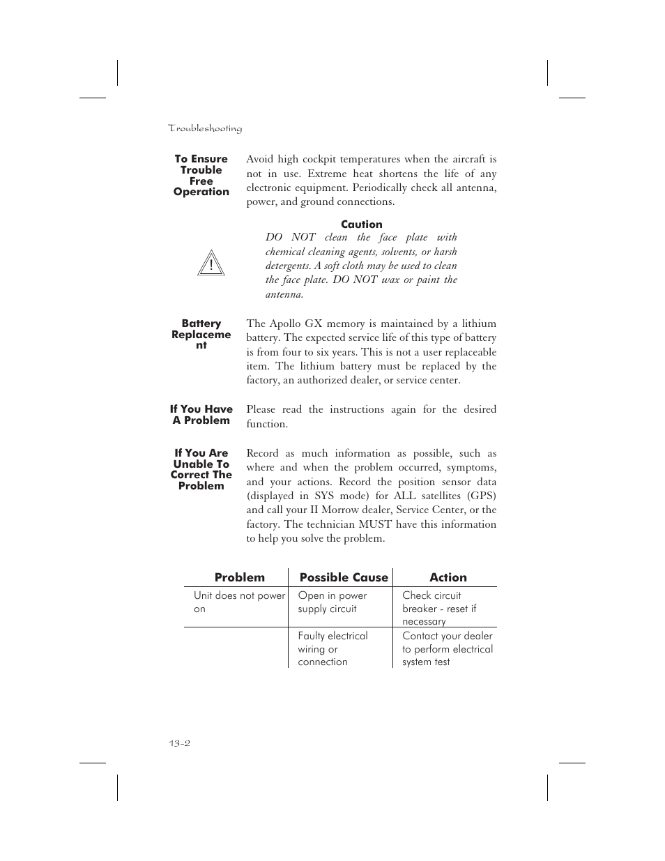 To ensure trouble free operation 13-2, Battery replacement 13-2, If you have a problem 13-2 | Cleaning 13-2, Heat 13-2, To ensure trouble free operation -2, Battery replacement -2, If you have a problem -2 | Garmin APOLLO GX65 User Manual | Page 310 / 336