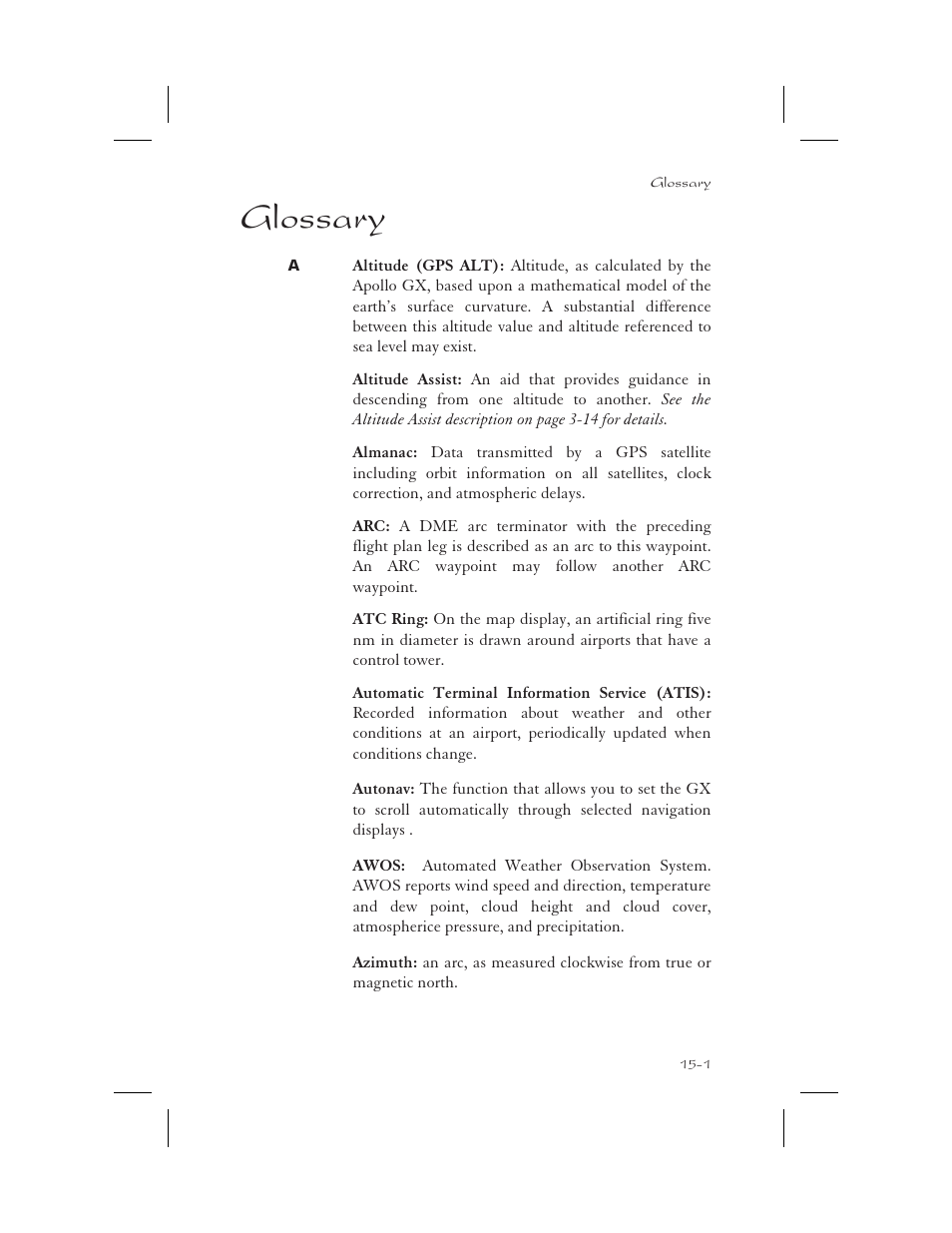 Glossary 15-1, Glossary 15-1 - 15-12, Glossary -1 | Glossary | Garmin APOLLO GX65 User Manual | Page 315 / 336