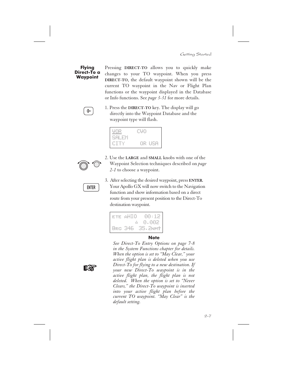 Flying direct-to a waypoint 2-7, Direct-to 2-7, 3-31 - 3-32, 6-9, 7-8, 9-18, May clear 2-7, 7-9 | May clear 2-7, Flying direct-to a waypoint -7 | Garmin APOLLO GX65 User Manual | Page 33 / 336