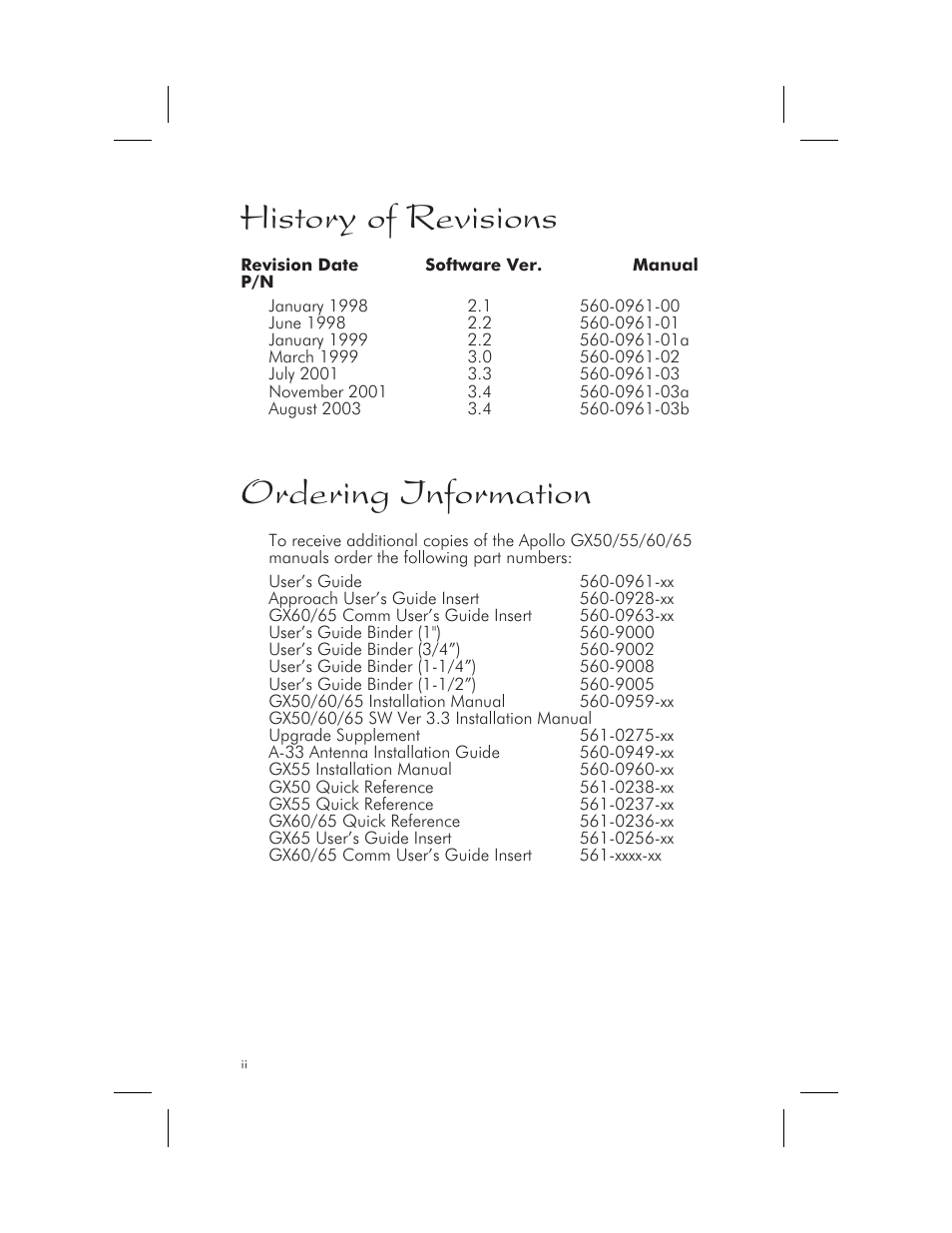 History of revisions 1-ii, Manuals 1-ii, Ordering information 1-ii | Part numbers 1-ii, History of revisions, Ordering information | Garmin APOLLO GX65 User Manual | Page 4 / 336