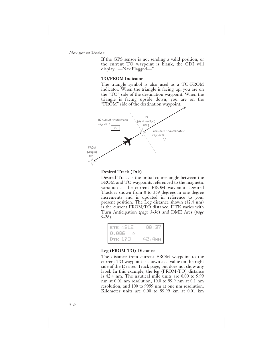 To/from indicator 3-6, Desired track ( dtk ) 3-6, Leg (from-to) distance 3-6 | Cross track distance 3-6, To-from switching 3-6, Desired track 3-6, From waypoint 3-6, From-to distance 3-6, Leg distance 3-6, To/from indicator -6 | Garmin APOLLO GX65 User Manual | Page 44 / 336