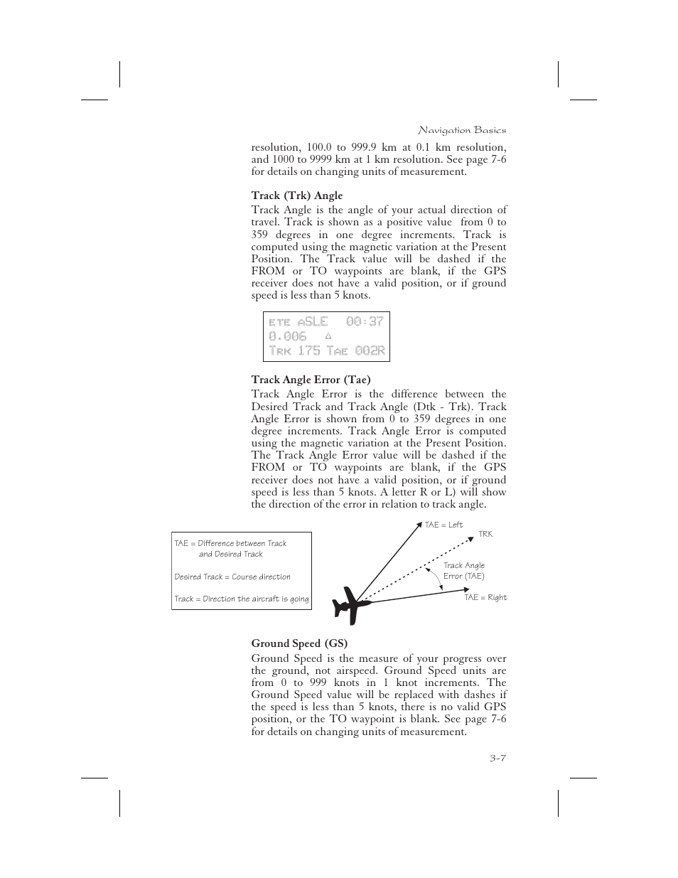 Track ( trk ) angle 3-7, Track angle error ( tae ) 3-7, Ground speed (gs) 3-7 | Ground speed 3-7, Track angle 3-7, Track angle error 3-7, Track (trk) angle -7, Track angle error (tae) -7, Ground speed (gs) -7 | Garmin APOLLO GX65 User Manual | Page 45 / 336