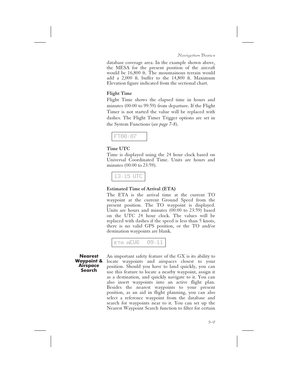 Flight time 3-9, Time utc 3-9, Estimated time of arrival (eta) 3-9 | Nearest waypoint & airspace search 3-9, Emergency search 3-9, Estimated time of arrival 3-9, 6-7, Flight time 3-9, 7-8, Nearest waypoint search 3-9, 5-1, Utc time 3-9, 11-5, Flight time -9 | Garmin APOLLO GX65 User Manual | Page 47 / 336