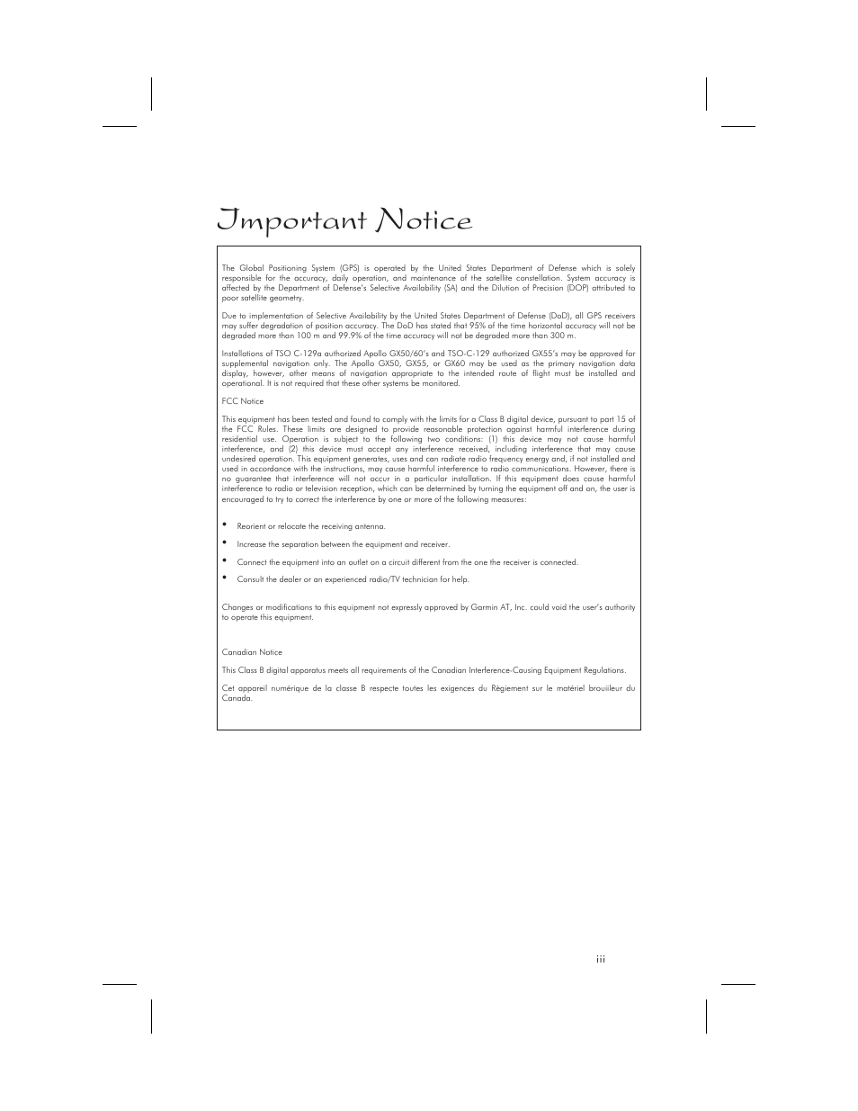 Fcc notice 1-iii, Important notice | Garmin APOLLO GX65 User Manual | Page 5 / 336