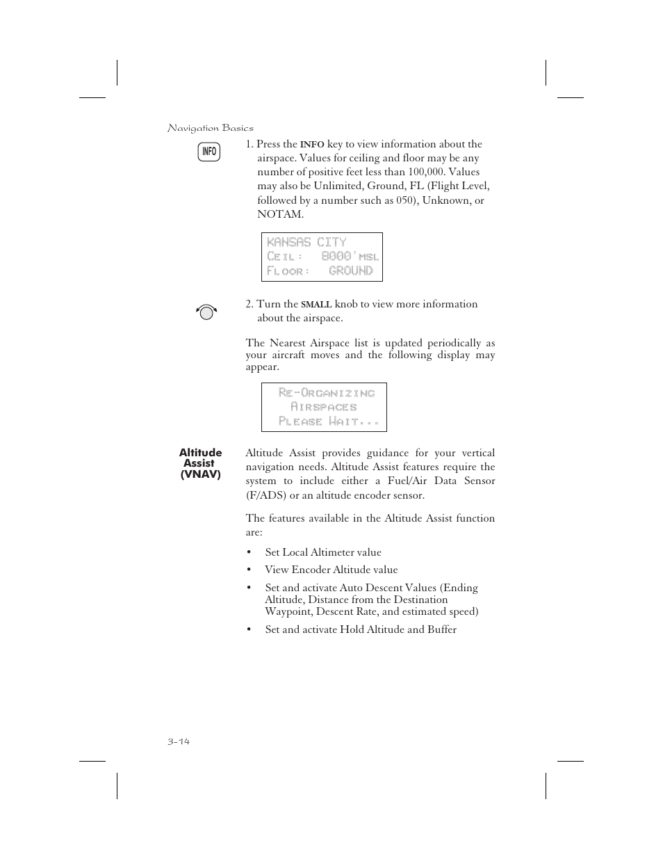 Altitude assist ( vnav ) 3-14, Ceiling 3-14, Floor 3-14 | Altimeter setting 3-14, Altitude assist 3-14, Info 3-14, 5-1, 5-5, 6-23, 8-3, Vnav 3-14, Altitude assist (vnav) -14 | Garmin APOLLO GX65 User Manual | Page 52 / 336