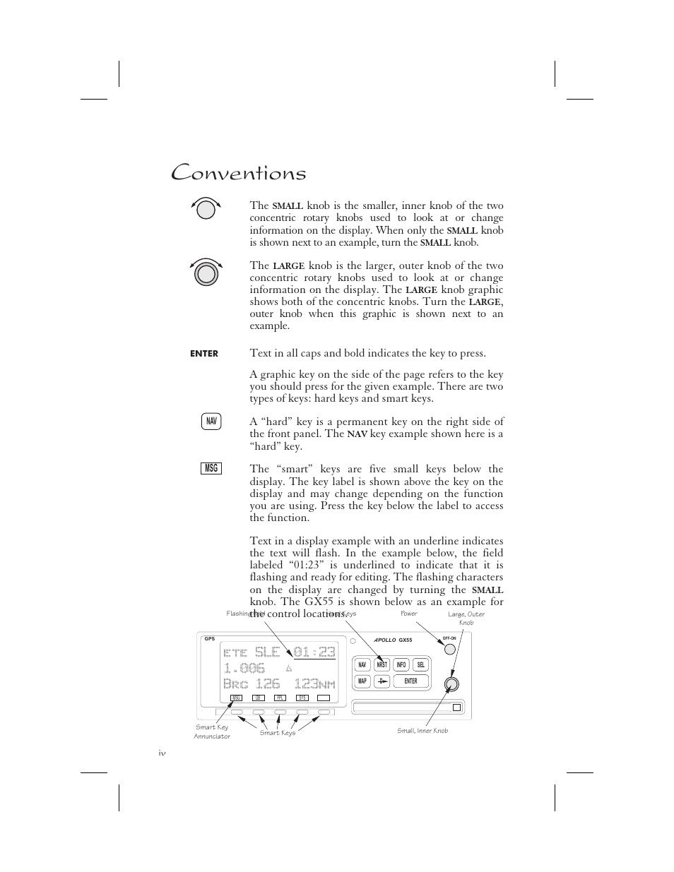 Conventions 1-iv, Flashing 1-iv, Hard 1-iv | Smart 1-iv, Knobs 1-iv, Underline 1-iv, Conventions | Garmin APOLLO GX65 User Manual | Page 6 / 336