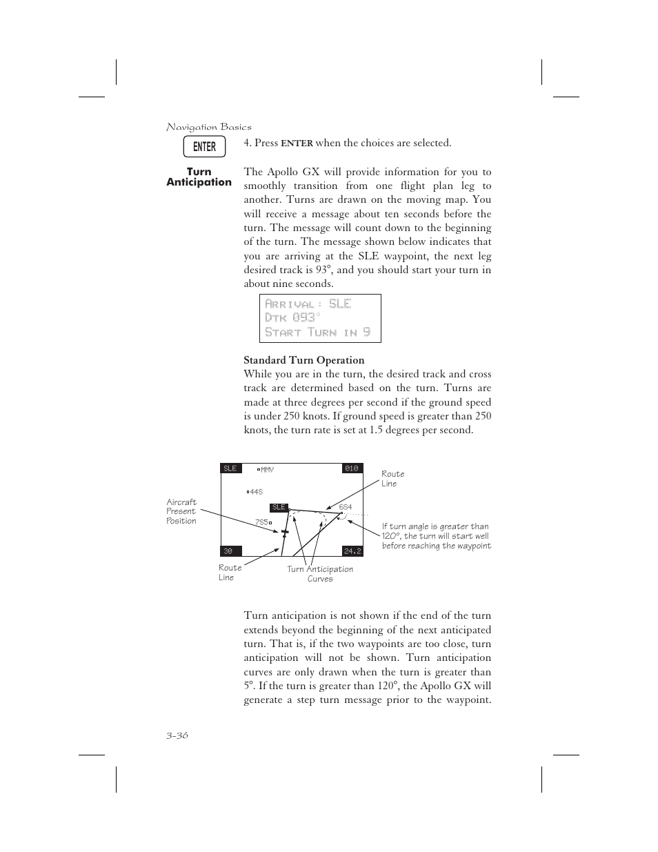 Turn anticipation 3-36, Standard turn operation 3-36, Turn anticipation -36 | Standard turn operation -36, Enter | Garmin APOLLO GX65 User Manual | Page 74 / 336