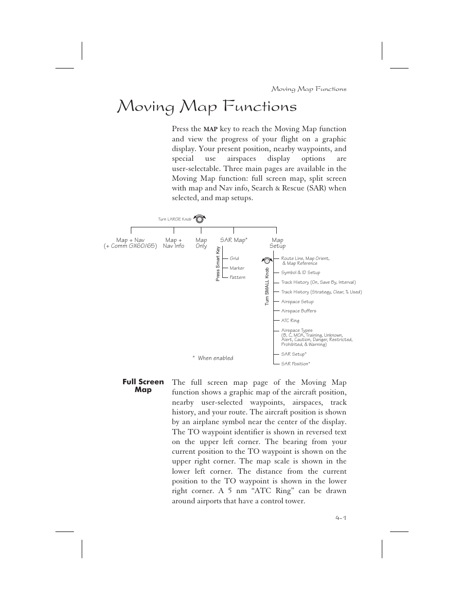 Moving map functions 4-1, Full screen map 4-1, Moving map 4-1 | Full screen 4-1, Moving map functions -1, Full screen map -1, Moving map functions, Press the | Garmin APOLLO GX65 User Manual | Page 79 / 336