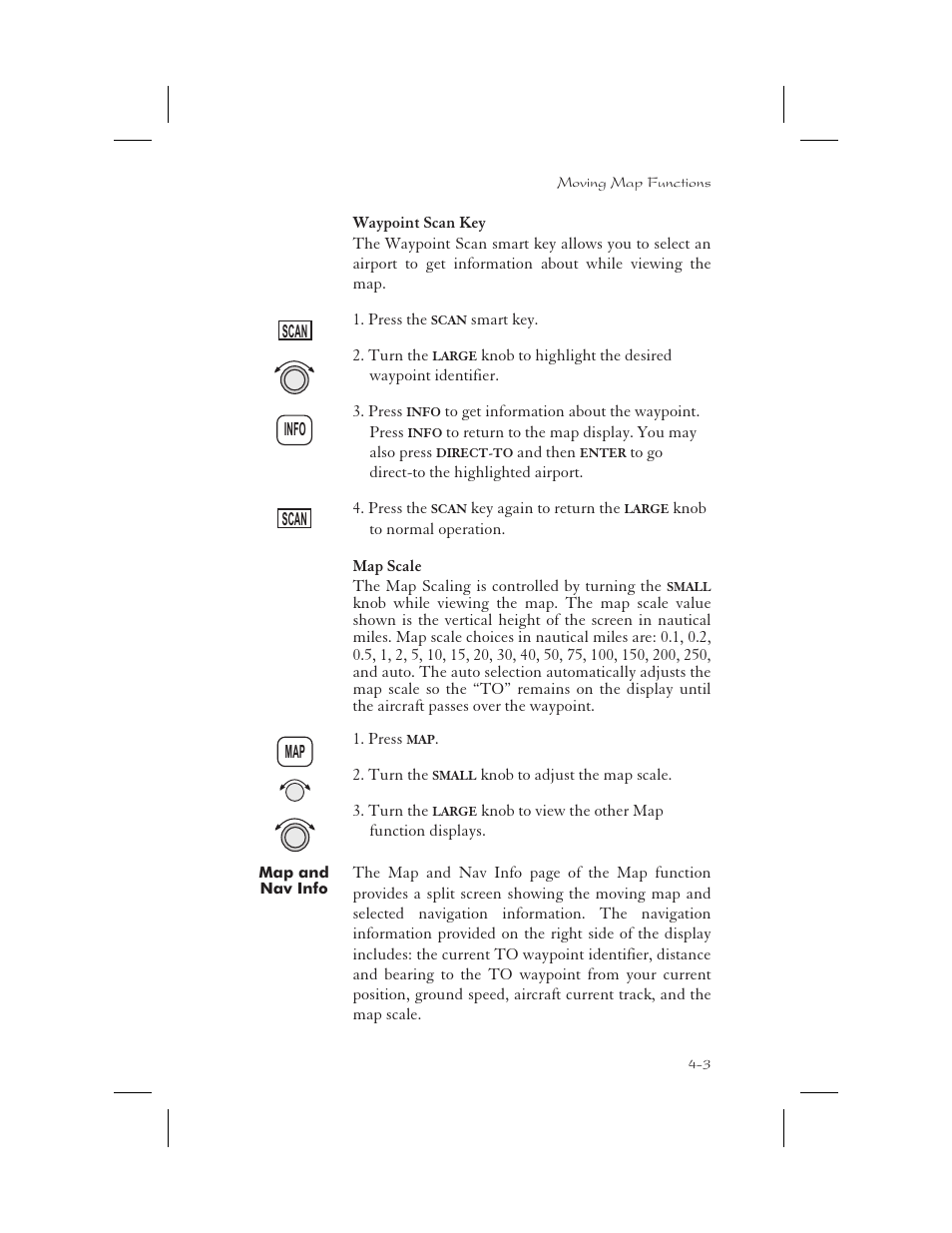 Waypoint scan key 4-3, Map scale 4-3, Map and nav info 4-3 | Map & nav info 4-3, Scale 4-3, Scan 4-3, Waypoint scan key -3, Map scale -3, Map and nav info -3 | Garmin APOLLO GX65 User Manual | Page 81 / 336