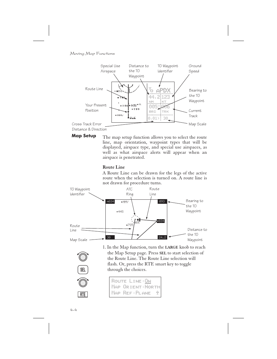 Map setup 4-4, Route line 4-4, Rte 4-4 | Setup 4-4, Procedure turn 4-4, Route line key 4-4, Map setup -4, Route line -4, Apdx | Garmin APOLLO GX65 User Manual | Page 82 / 336