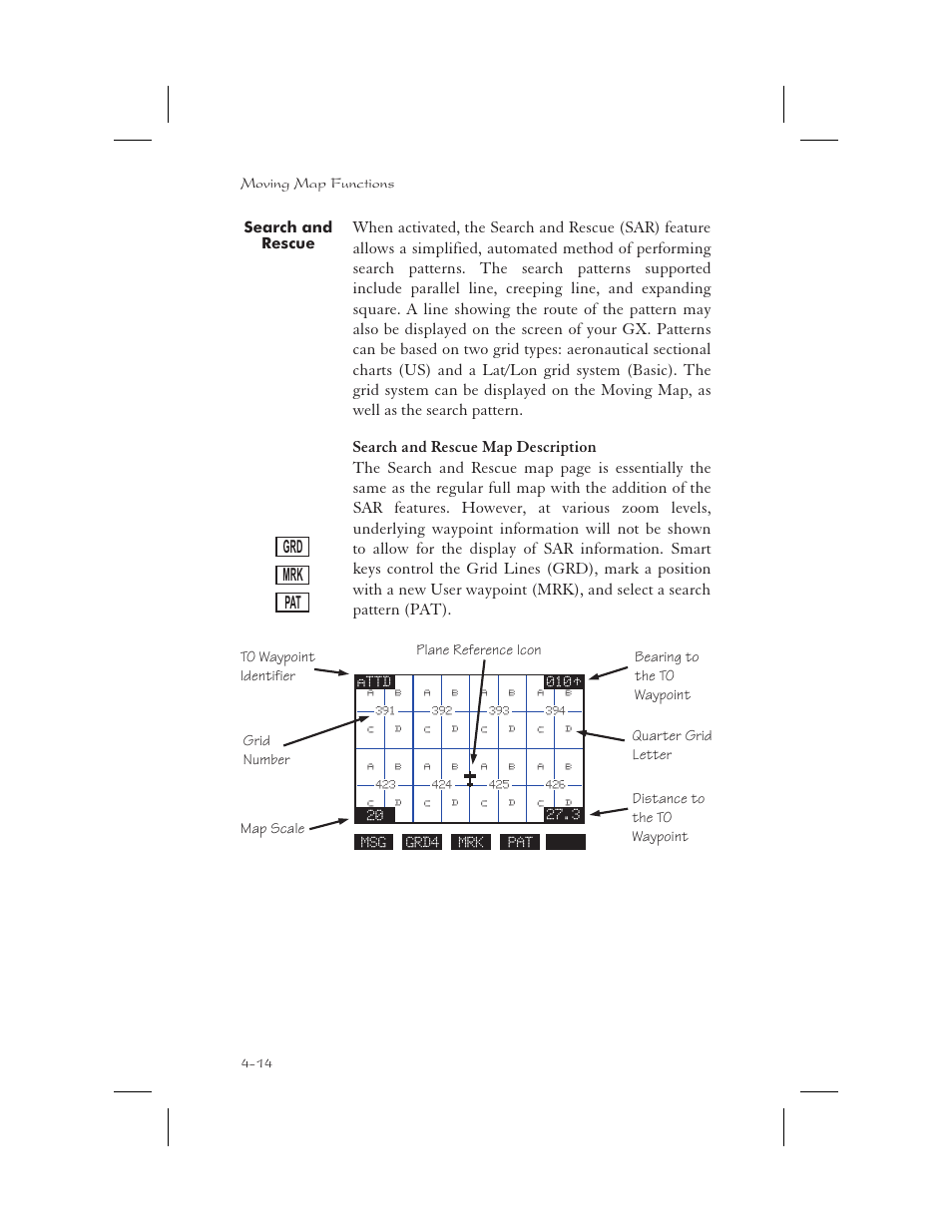 Search and rescue 4-14, Search and rescue map description 4-14, Search and rescue -14 | Search and rescue map description -14, Mrk pat | Garmin APOLLO GX65 User Manual | Page 92 / 336