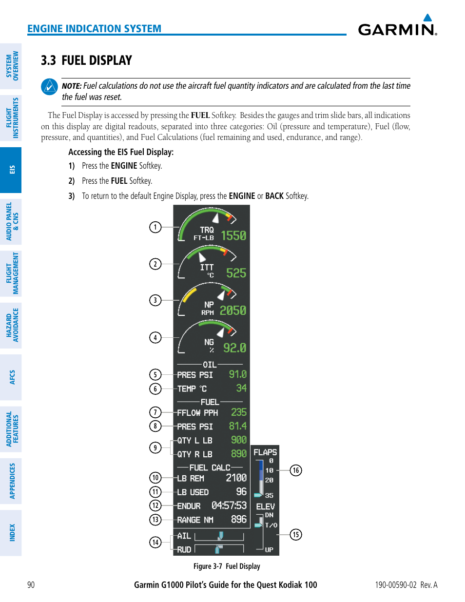 3 fuel display, Engine indication system | Garmin G1000 Quest Kodiak User Manual | Page 102 / 500