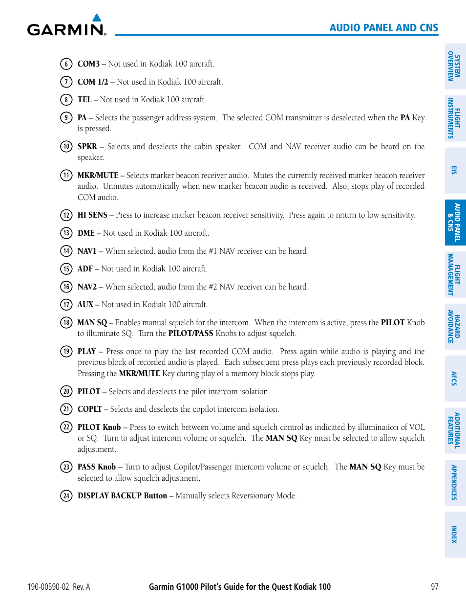 Audio panel and cns | Garmin G1000 Quest Kodiak User Manual | Page 109 / 500