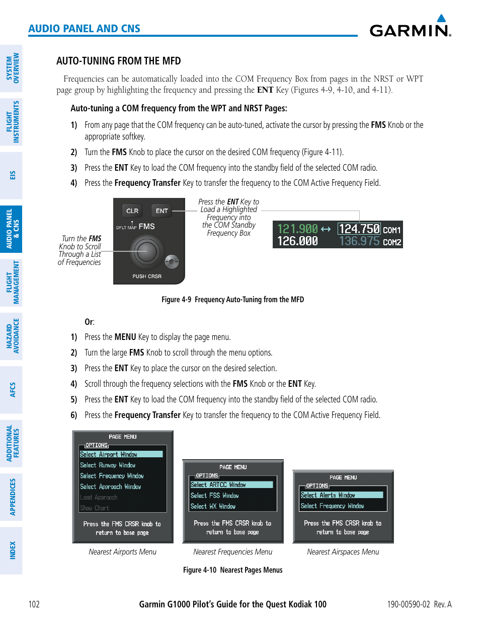 Audio panel and cns, Auto-tuning from the mfd | Garmin G1000 Quest Kodiak User Manual | Page 114 / 500