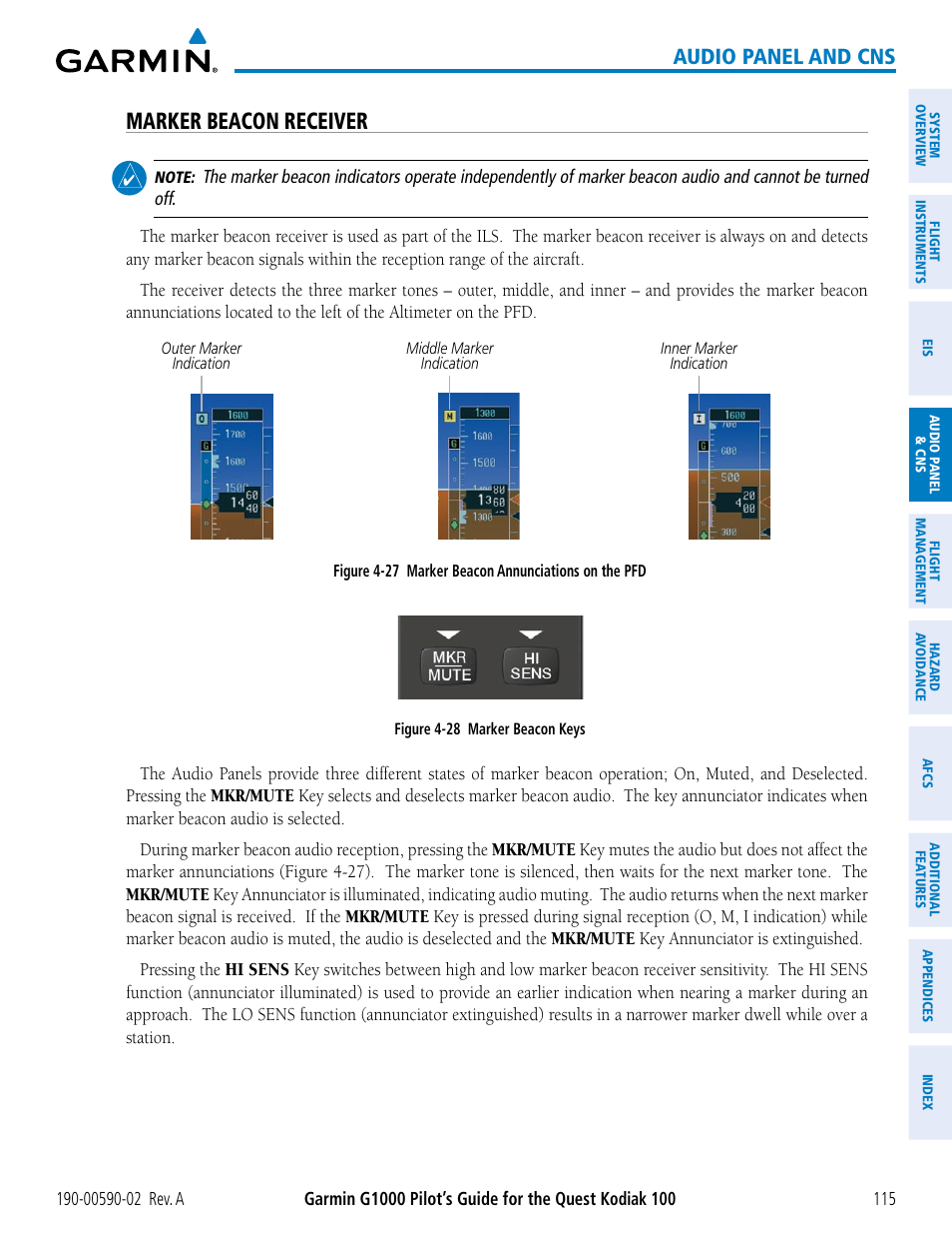 Marker beacon receiver, Audio panel and cns | Garmin G1000 Quest Kodiak User Manual | Page 127 / 500