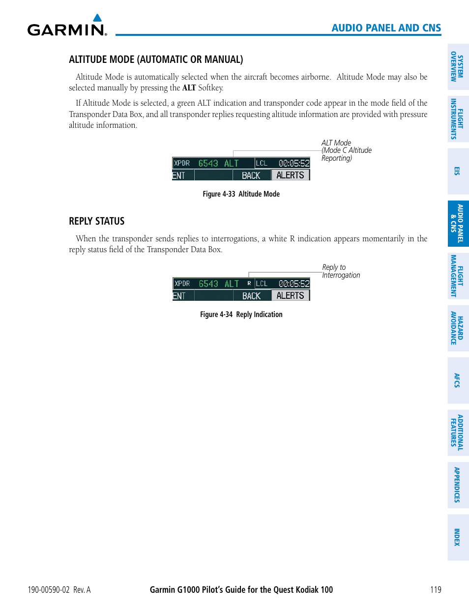 Audio panel and cns, Altitude mode (automatic or manual), Reply status | Garmin G1000 Quest Kodiak User Manual | Page 131 / 500