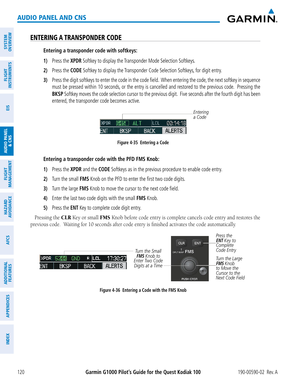 Entering a transponder code, Audio panel and cns | Garmin G1000 Quest Kodiak User Manual | Page 132 / 500