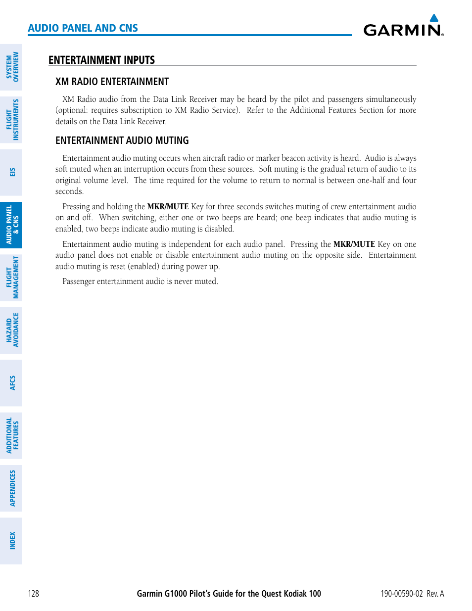 Entertainment inputs, Audio panel and cns, Xm radio entertainment | Entertainment audio muting | Garmin G1000 Quest Kodiak User Manual | Page 140 / 500