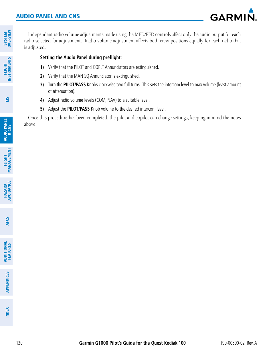 Audio panel and cns | Garmin G1000 Quest Kodiak User Manual | Page 142 / 500