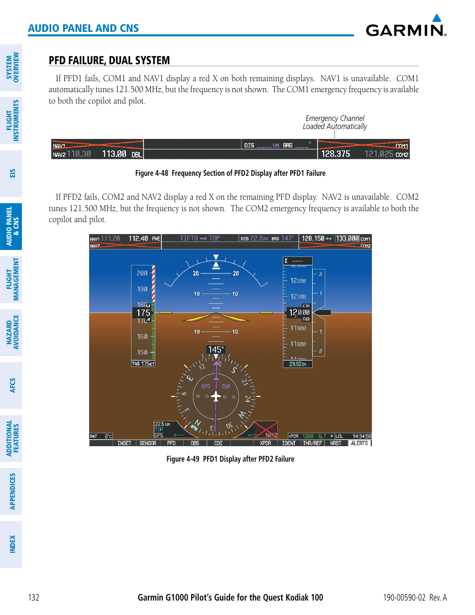 Pfd failure, dual system, Audio panel and cns | Garmin G1000 Quest Kodiak User Manual | Page 144 / 500