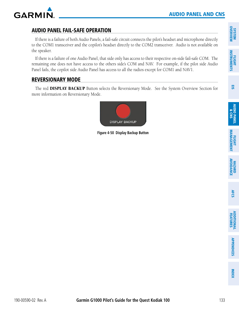 Audio panel fail-safe operation, Reversionary mode, Audio panel and cns | Garmin G1000 Quest Kodiak User Manual | Page 145 / 500