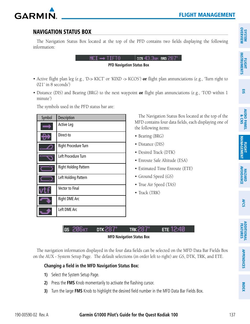 Navigation status box, Flight management | Garmin G1000 Quest Kodiak User Manual | Page 149 / 500