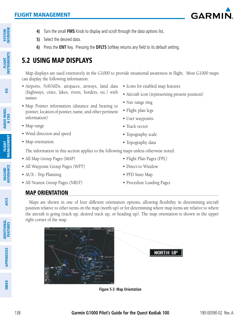 2 using map displays, Map orientation, Flight management | Garmin G1000 Quest Kodiak User Manual | Page 150 / 500