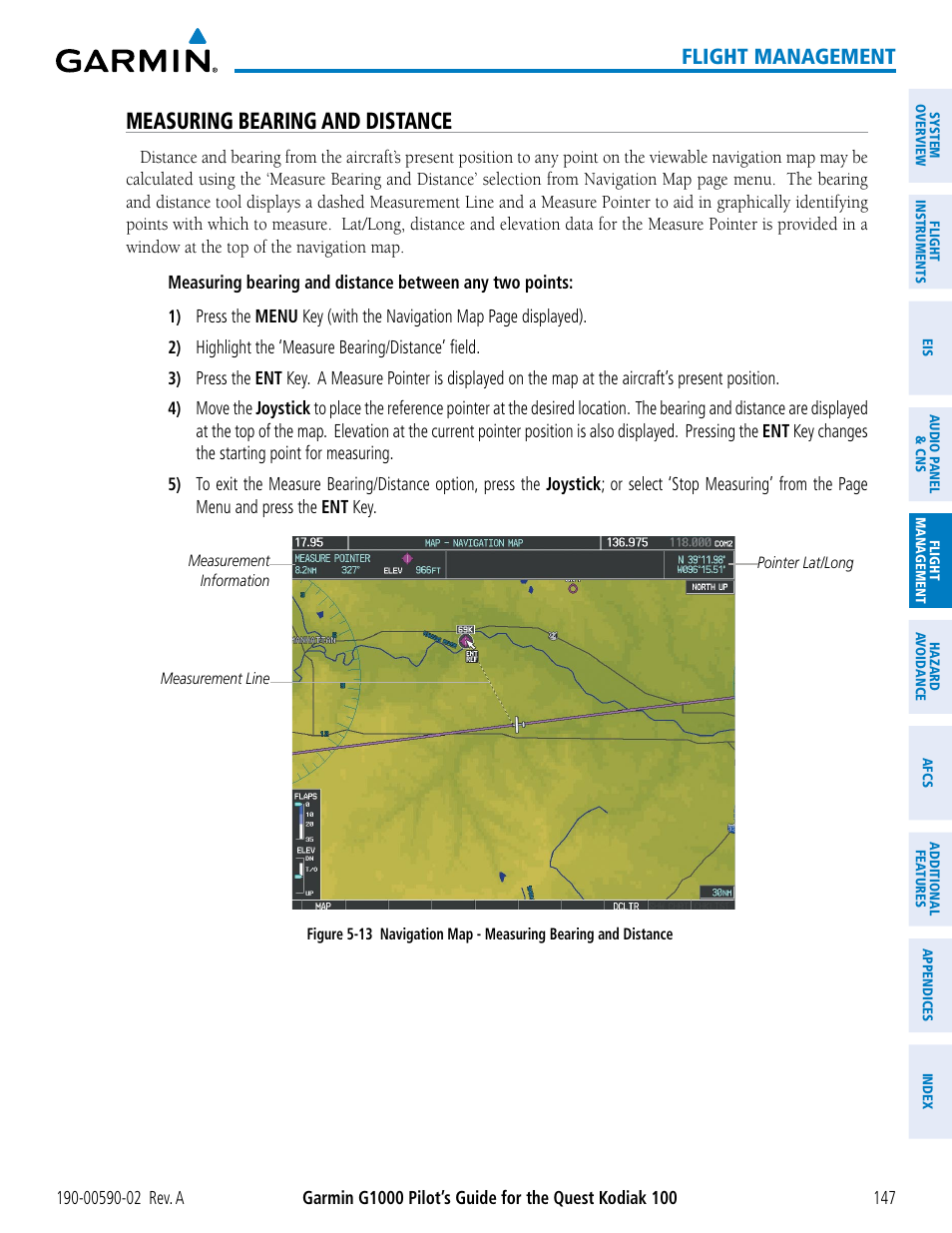 Measuring bearing and distance, Flight management | Garmin G1000 Quest Kodiak User Manual | Page 159 / 500